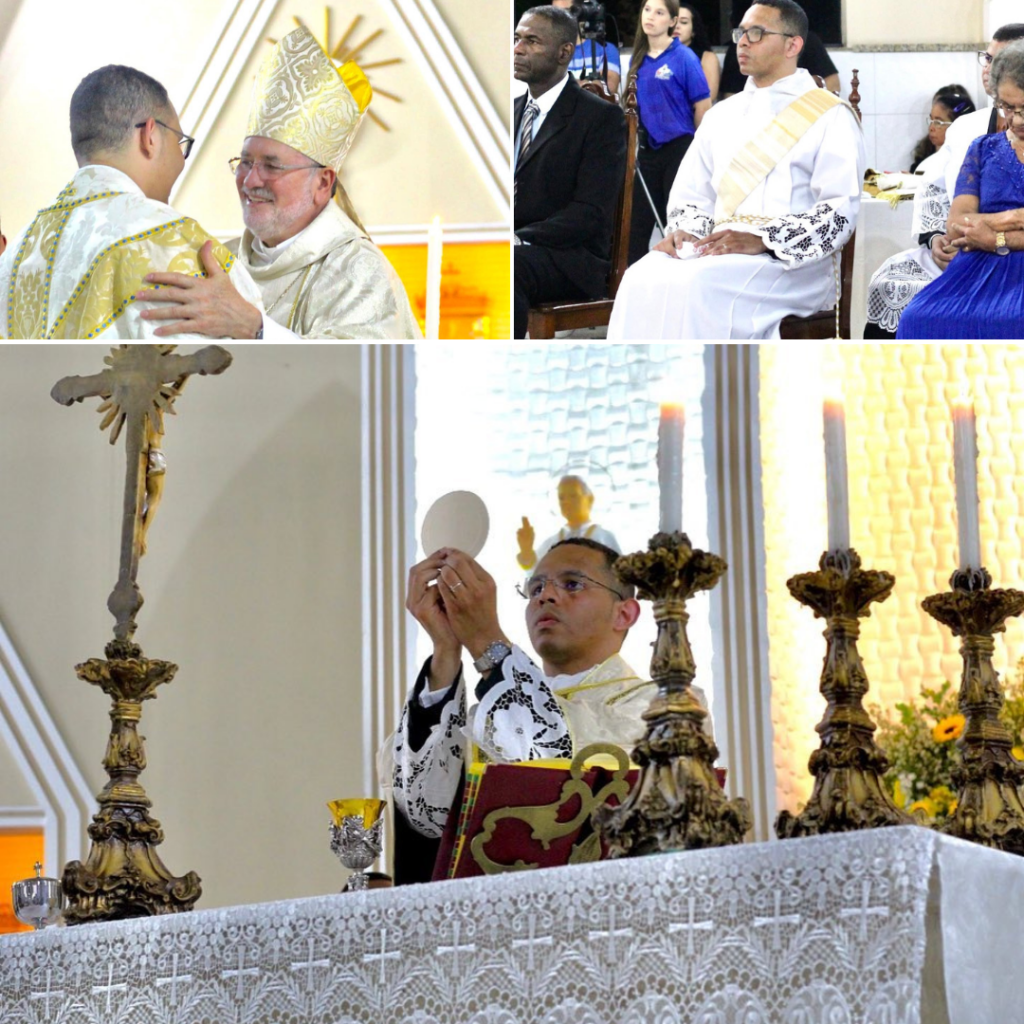 Collage of photos from Fr Thiago Ordination in Brazil with his Father and Grandmother, the Bishop, and his first Mass