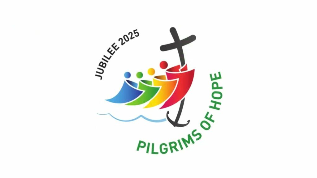 JUBILEE 2025_PILGRIMS OF HOPE LOGO WITH COLORFUL SAILS THAT RESEMBLE PEOPLE HOLDING AN ANCHOR